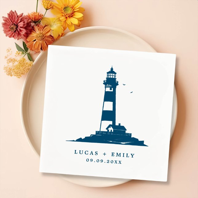 Nautic Seaside Lighthouse Dark Blue Wedding Serviette (Von Creator hochgeladen)