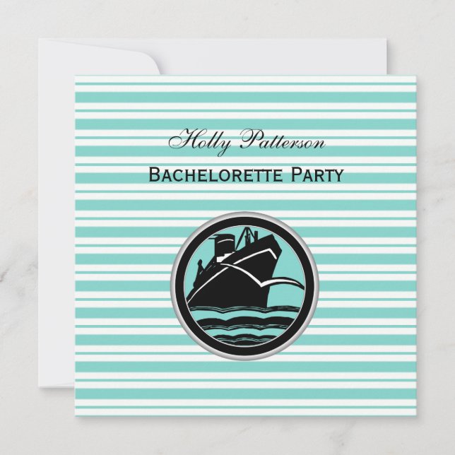 Nautic Ship Lt Blue White Stripe SQ Bachelorette Einladung (Vorderseite)