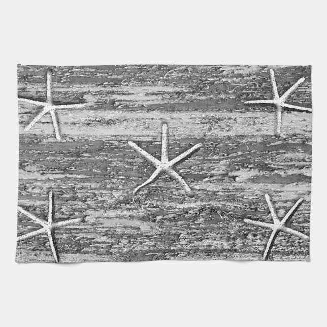Nautic Starfish Driftwood Grau Weiße Wasserfarbe Geschirrtuch (Horizontal)