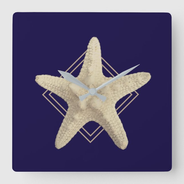 Nautic Starfish Navy Blue Minimalistisch Quadratische Wanduhr (Vorderseite)