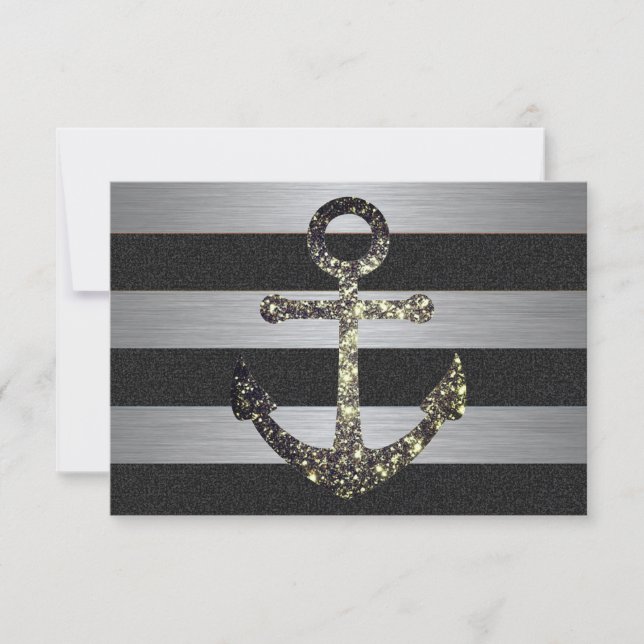 Nautic Striped Wedding RSVP Sparkle Anchor (Vorderseite)