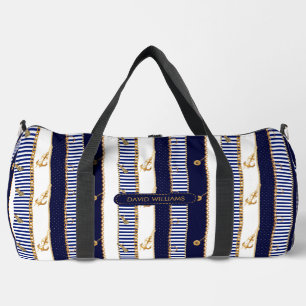 Nautic Stripes Gold Chains Anchor Luxury Travel Duffle Bag