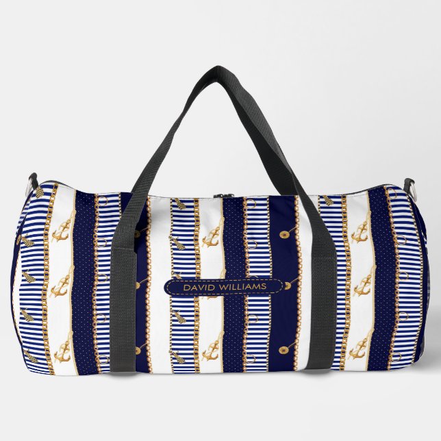 Nautic Stripes Gold Chains Anchor Luxury Travel Duffle Bag (Vorderseite)