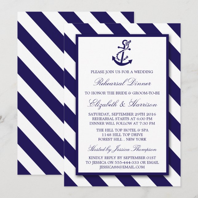 Nautic Stripes Navy Blue Anchor Probe Dinner Einladung (Vorne/Hinten)