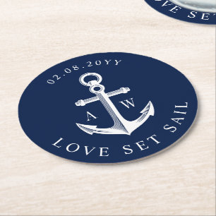 Nautic Theme Anchor Custom Monogram Navy Runder Pappuntersetzer