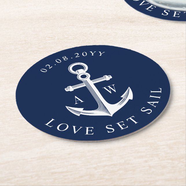 Nautic Theme Anchor Custom Monogram Navy Runder Pappuntersetzer (Angewinkelt)