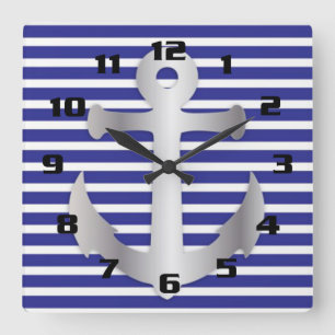 Nautic Theme Blue Stripes-Muster Anker Quadratische Wanduhr