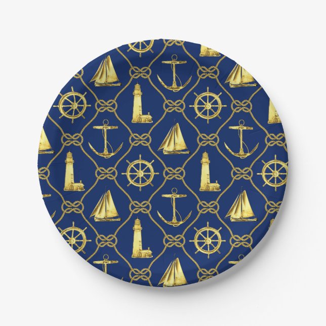 Nautic Theme Navy Blue Gold Anchor Leuchtturm Pappteller (Vorderseite)