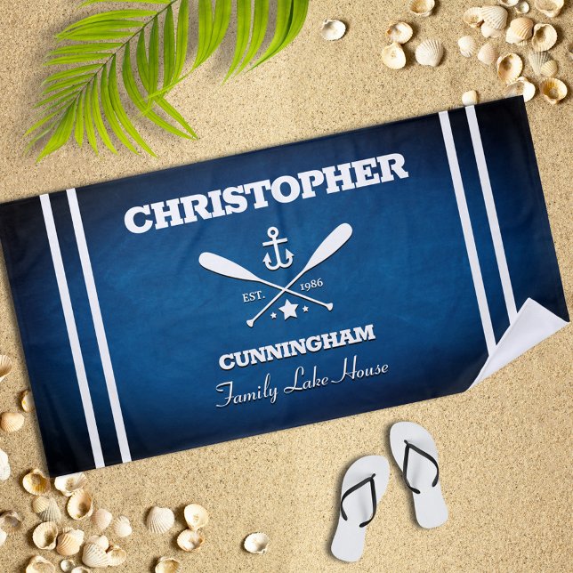 Nautic Theme Navy Blue Stripes Beach Handtuch (Von Creator hochgeladen)