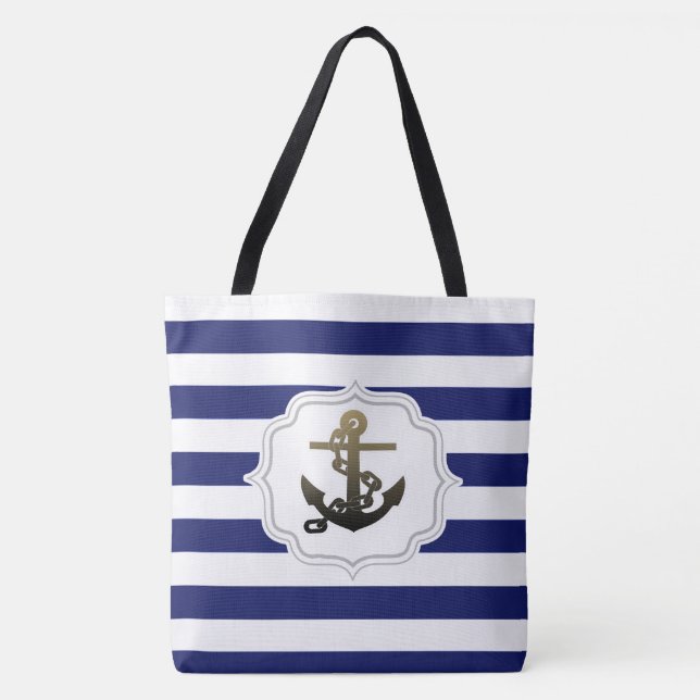 Nautic Theme Trendy Anchor Blue Stripe Muster Tasche (Vorderseite)