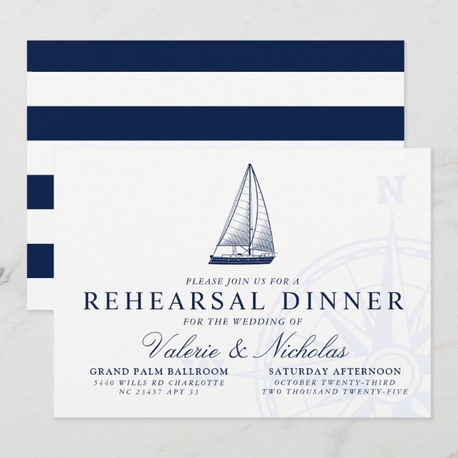 Nautic Themed Sailboat Probe Dinner Einladung (Vorne/Hinten)