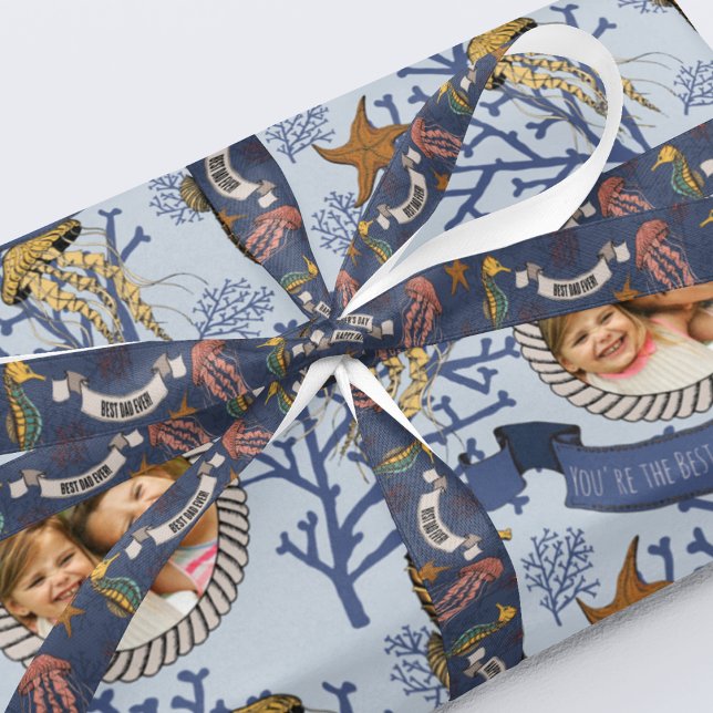Nautic Vathers Day Bester Vater je Navy Blue Ripsband (Fun Navy Blue Nautical Ribbon with 2 Personalized Texts. Seahorse, Jellyfish, Starfish & Red Coral.)