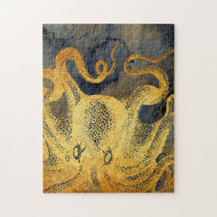 Nautic Vintag Gold Octopus Black Ink Watercolor