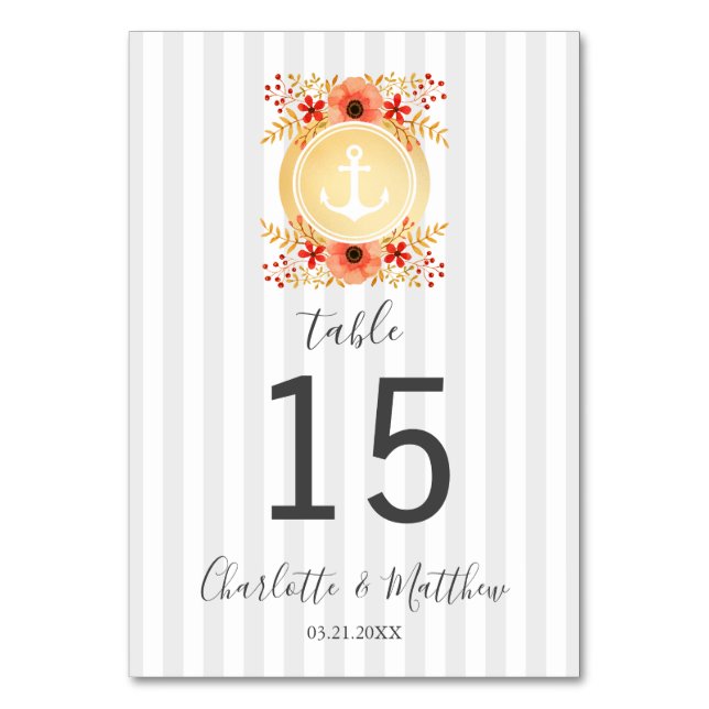Nautic Watercolor Floral Gold Ankerhochzeit Tischnummer (Vorderseite)