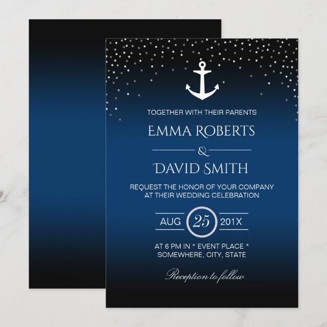 Nautic Wedding Anchor Confetti Dots Navy Blue Einladung (Vorne/Hinten)