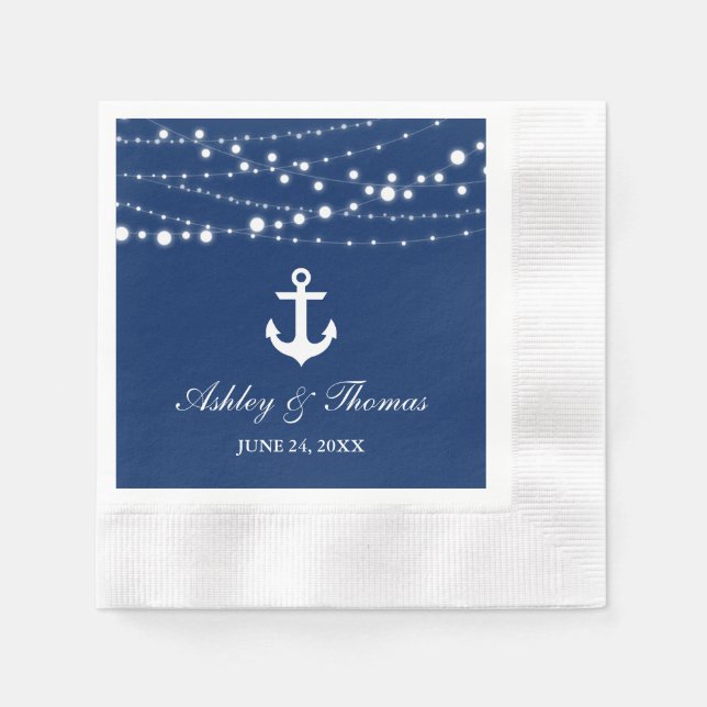 Nautic Wedding Anchor String Lights Navy Blue Serviette (Vorderseite)