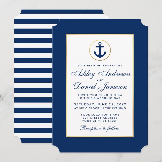 Nautic Wedding Blue Anchor gestreift Einladung (Vorne/Hinten)