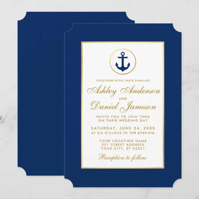 Nautic Wedding Blue Anchor und Gold Einladung (Vorne/Hinten)