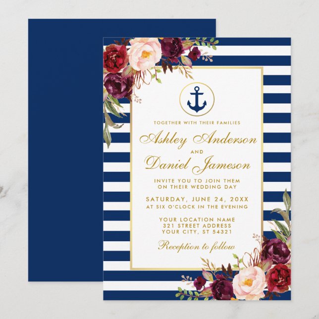 Nautic Wedding Blue Stripes Burgundy Einladung GB (Vorne/Hinten)