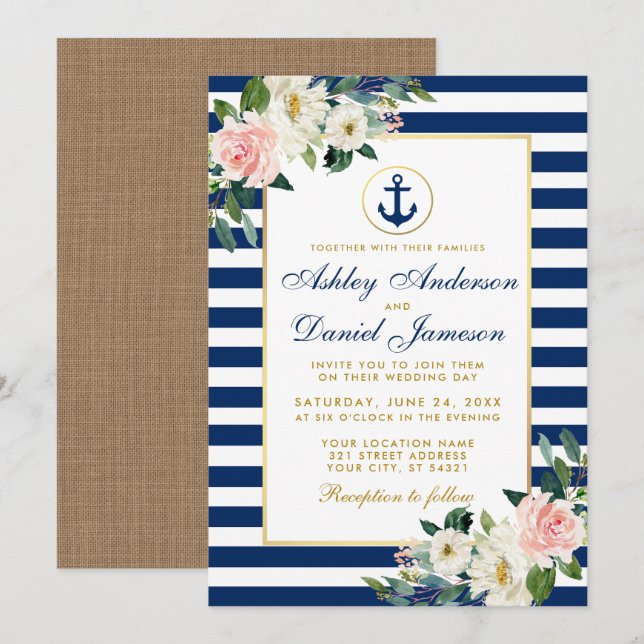 Nautic Wedding Blue Stripes Floral Burlap Einladung (Vorne/Hinten)