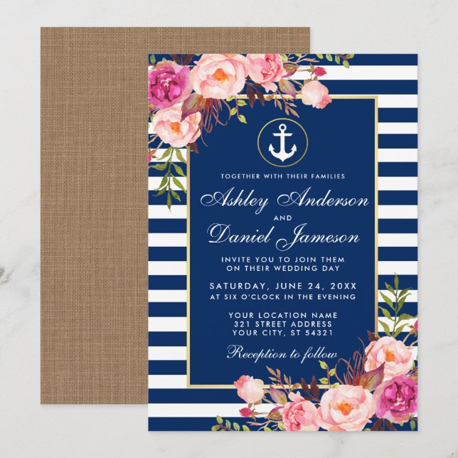 Nautic Wedding Blue Stripes Floral Pink Einladung  (Vorne/Hinten)