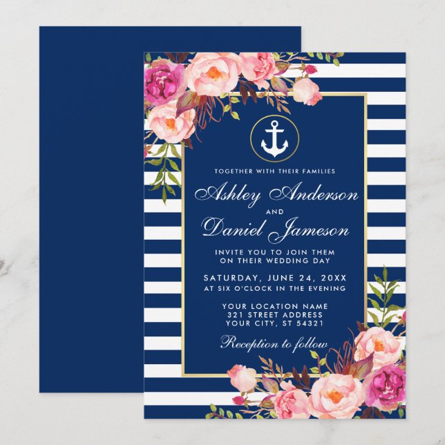 Nautic Wedding Blue Stripes Pink Floral Einladung  (Vorne/Hinten)