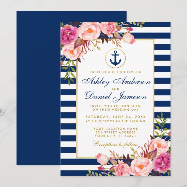Nautic Wedding Blue Stripes Pink Floral Einladung  (Vorne/Hinten)