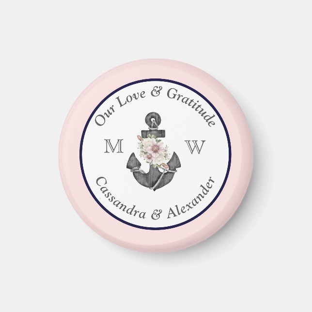 Nautic Wedding Floral Anchor Navy Blau und Rosa Magnet (Vorne)