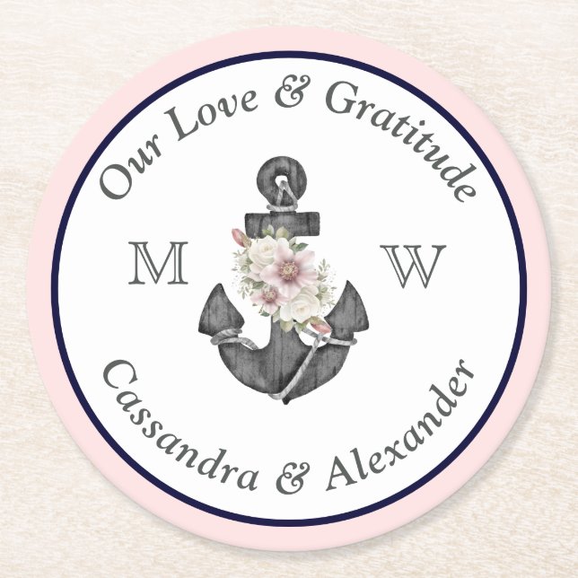 Nautic Wedding Floral Anchor Navy Blau und Rosa Runder Pappuntersetzer (Vorderseite)