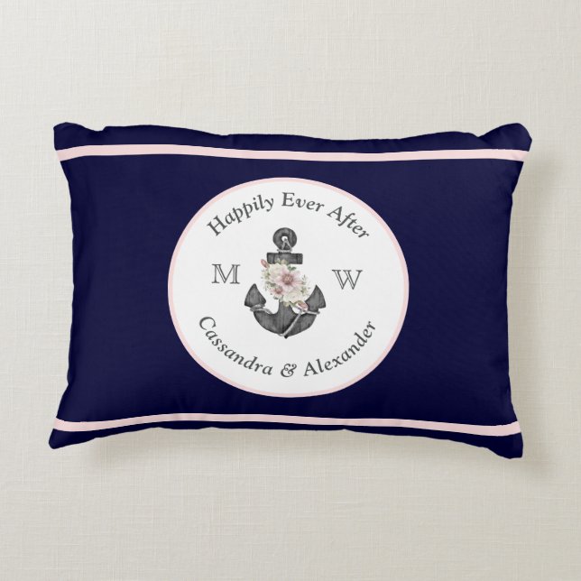 Nautic Wedding Floral Anchor Navy Blue Pink Dekokissen (Rückseite)