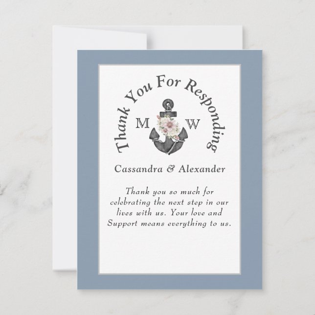Nautic Wedding Floral Anchor Navy Blue White RSVP Karte (Rückseite)