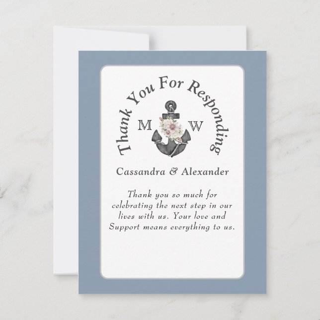Nautic Wedding Floral Anchor Navy Blue White RSVP Karte (Rückseite)