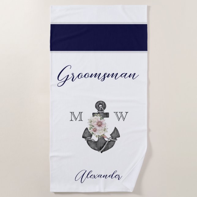 Nautic Wedding Floral Anchor Navy Gray Trauzeuge Strandtuch (Vorderseite)