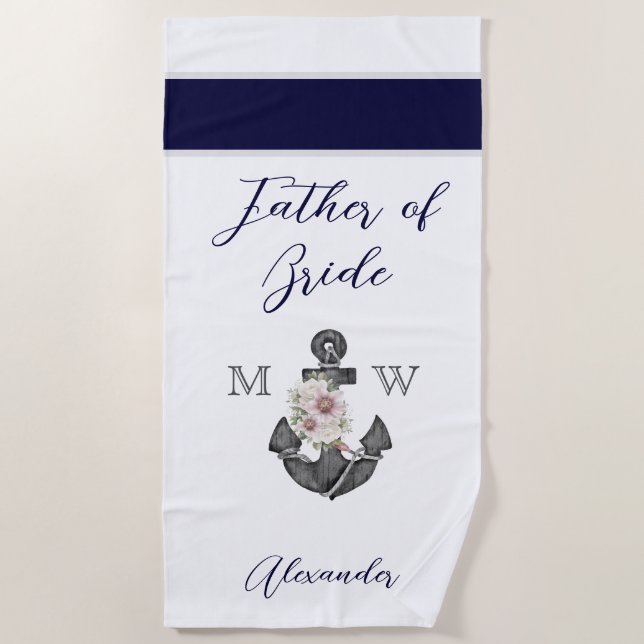 Nautic Wedding Floral Anchor Navy Gray Trauzeuge Strandtuch (Vorderseite)