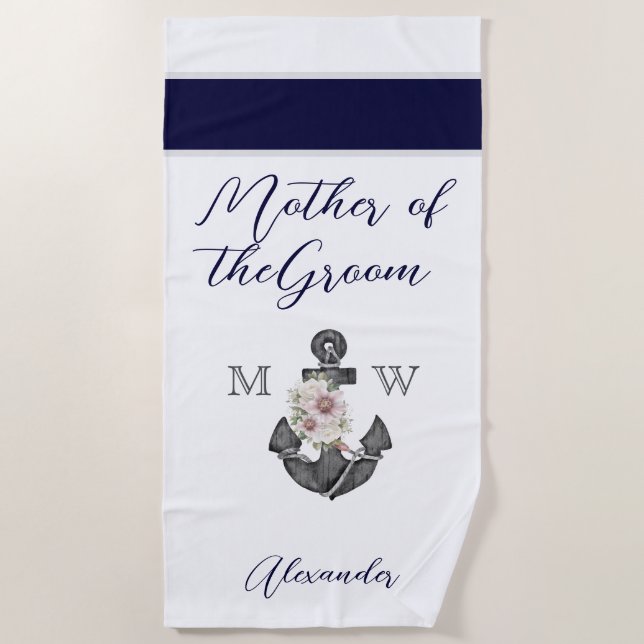 Nautic Wedding Floral Anchor Navy Mutter von Strandtuch (Vorderseite)