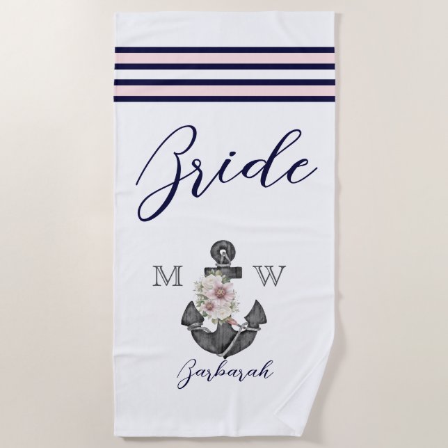 Nautic Wedding Floral Anchor Pink Marine Brides Be Strandtuch (Vorderseite)