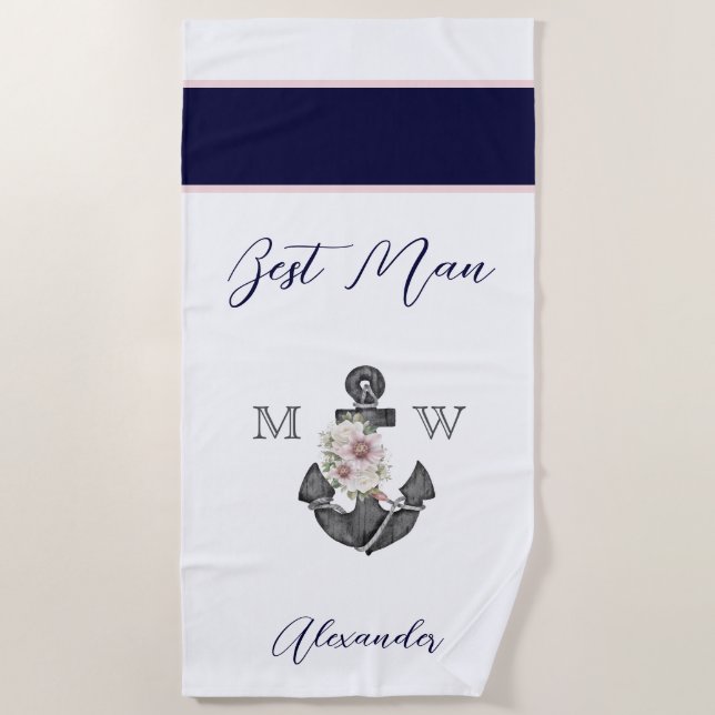 Nautic Wedding Floral Anchor Pink Navy Bestman Strandtuch (Vorderseite)
