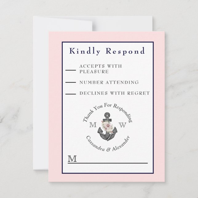 Nautic Wedding Floral Anchor Pink Navy Blau RSVP Karte (Vorderseite)