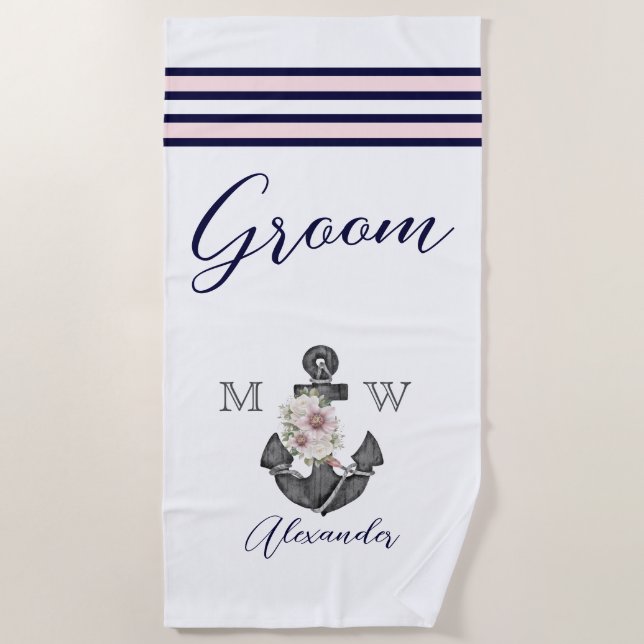 Nautic Wedding Floral Anchor Pink Navy Groom Strandtuch (Vorderseite)