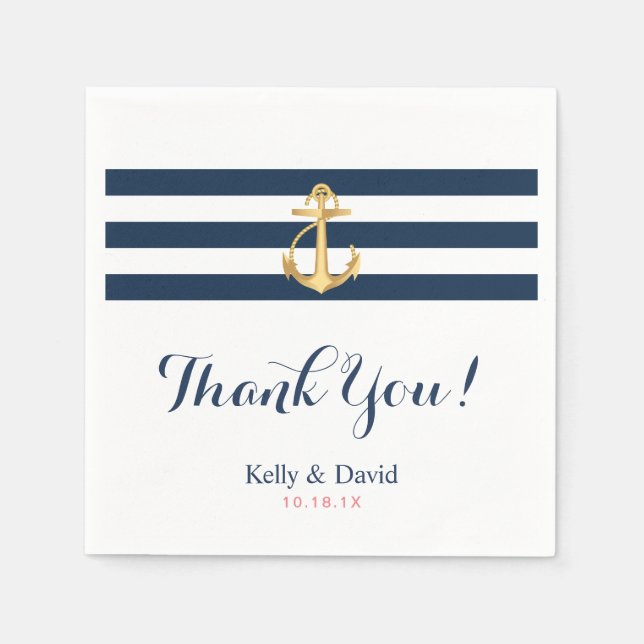 Nautic Wedding Gold Anchor Navy Blue Stripes Serviette (Vorderseite)