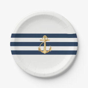Nautic Wedding Gold Anchor Navy Stripes Pappteller