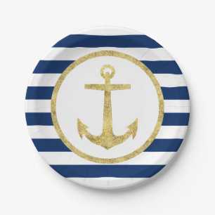 Nautic Wedding Gold Anchor Royal Blue Stripes Pappteller