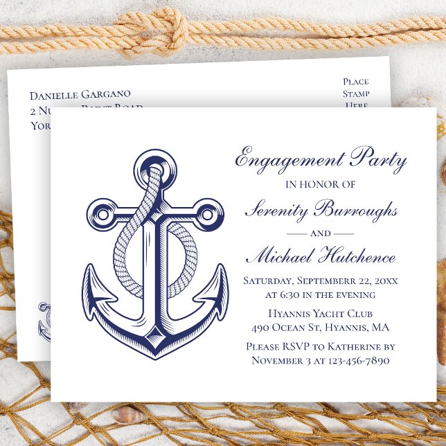 Nautic Wedding Navy Blue Anchor Engagement Party Postkarte (Von Creator hochgeladen)