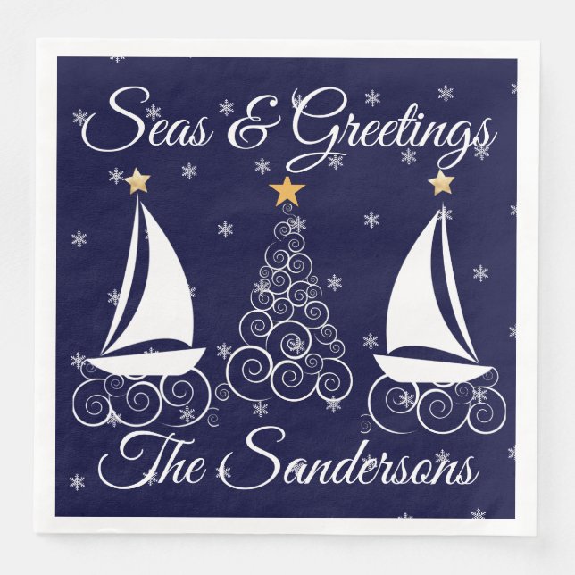Nautic Weihnachtsnachtsschiff blaues Segelboot Pap Serviette (Vorderseite)
