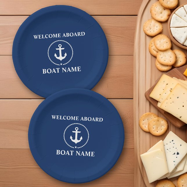 Nautic Welcome an Bord Boot Name Anchor Roope Blue Pappteller (Customize to change text size, text style or background color.)