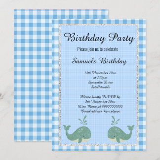 Nautic Whale Blue White Karo Geburtstagsparty Einladung