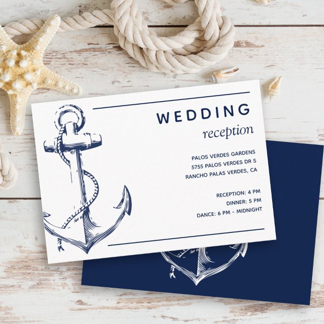 Nautic White Anchor Hochzeitsempfang Begleitkarte (Wedding reception invitation that features an anchor and is in a navy and white classic theme.)