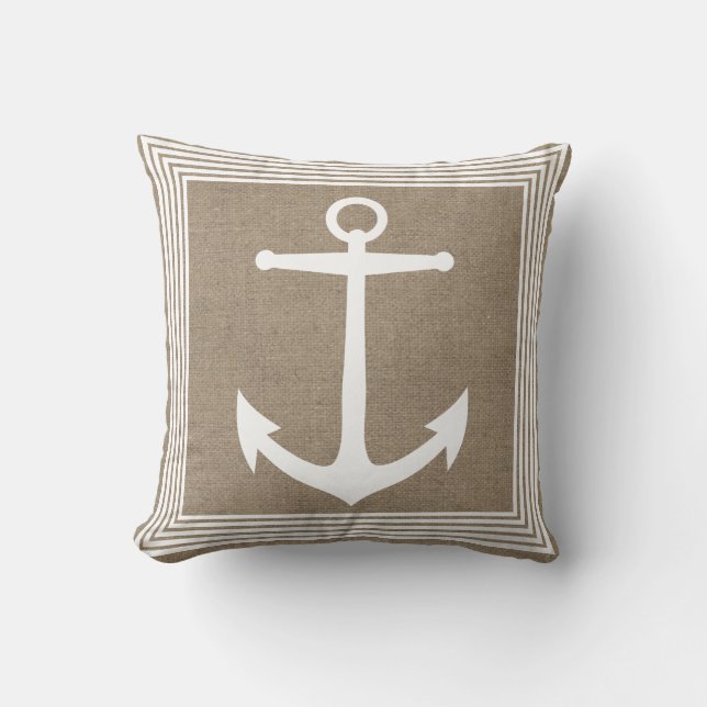 Nautic White Anchor & Imitats Burlap Kissen (Vorderseite)