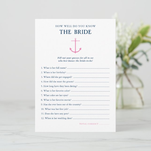 Nautic Wie gut bekannt Bride Brautparty Game Einladung (Stehend Vorderseite)