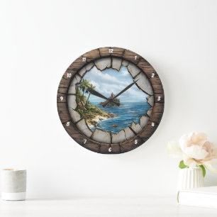 Nautic Window Island Escape Rustic Coastal Große Wanduhr
